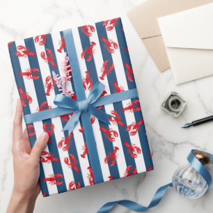 Papier Cadeau Homards Rouges Illustrés sur Rayures Bleu Foncé