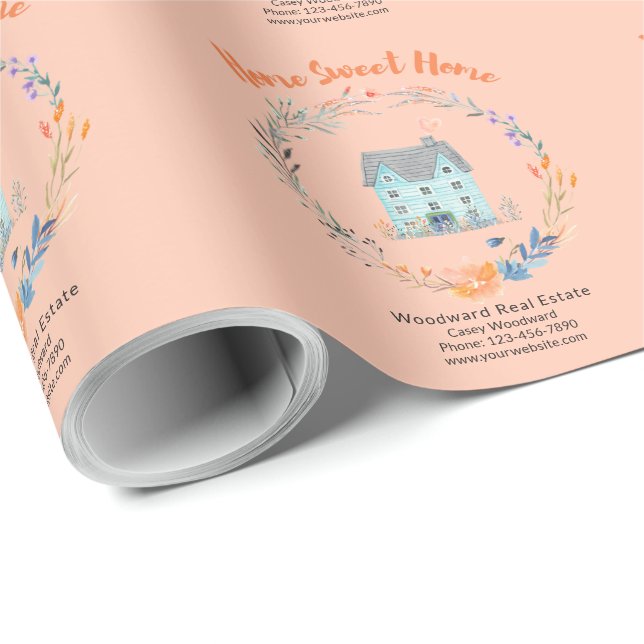 Papier Cadeau Home Sweet Home Immobilier Personnalisé Nom Chic (Coin rond)