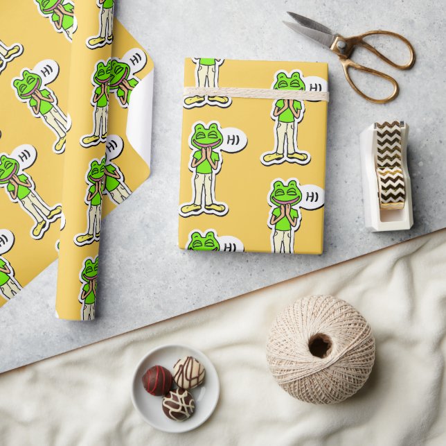 Papier Cadeau Homme avec tête de grenouille souriante sur Jaune  (Artisanat)