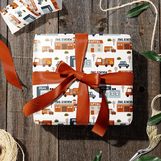 Papier Cadeau Hôpital, incendie, police Ville Motif pour enfants (Créateur téléchargé)