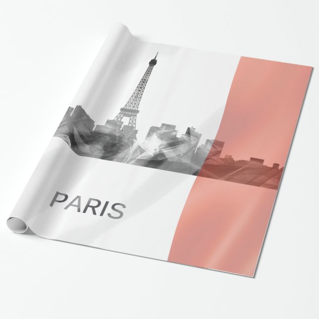 Papier Cadeau Horizon de Paris, France avec le drapeau français (Déroulé)