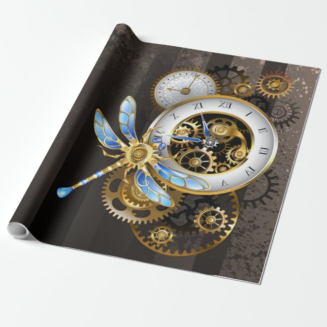 Papier Cadeau Horloge à vapeur avec libellule mécanique (Déroulé)