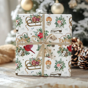 Papier Cadeau Horloge d'hiver classique et Noël Poinsettia