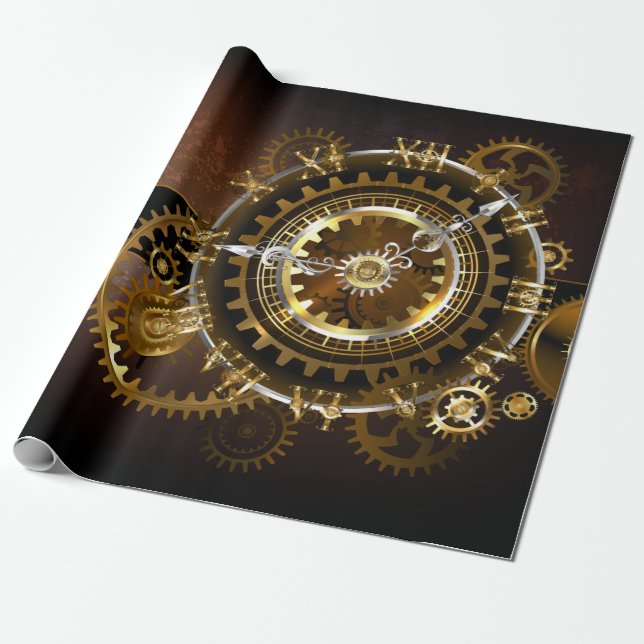 Papier Cadeau Horloge Steampunk avec des engrenages anciens (Déroulé)