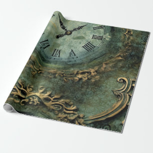 Papier Cadeau Horloge Steampunk Rustique Vert Émeraude