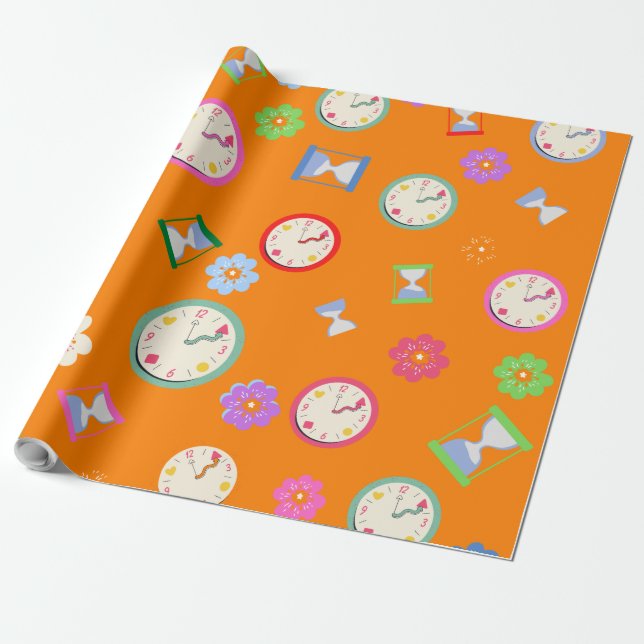 Papier Cadeau Horloges oranges joyeuses et fête des fleurs (Déroulé)