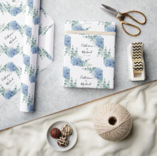 Papier Cadeau Hortensia Bleu Fleurs Mariage Personnalisé 