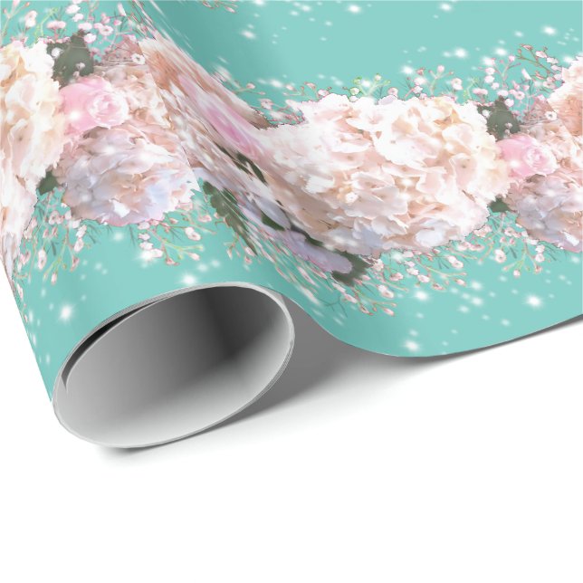 Papier Cadeau Hortensias romantiques blancs roses, fleurs blanch (Coin rond)