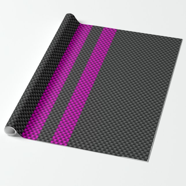 Papier Cadeau Hot Fuchsia Pink Racing Stripes Carbon Fiber Style (Déroulé)