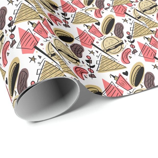 Papier Cadeau Hotdog Burger Doodle BBQ Motif d'anniversaire      (Coin rond)