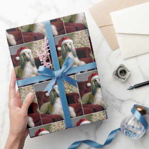 Papier Cadeau Hound Afghan Avec Casquette du Père Noël