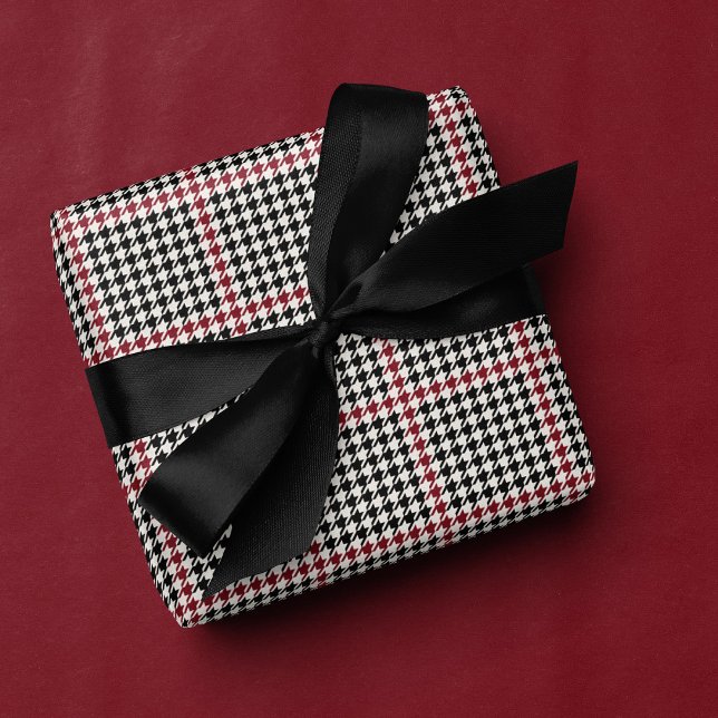 Papier Cadeau Houndstooth classique vacances noir rouge élégant (Créateur téléchargé)