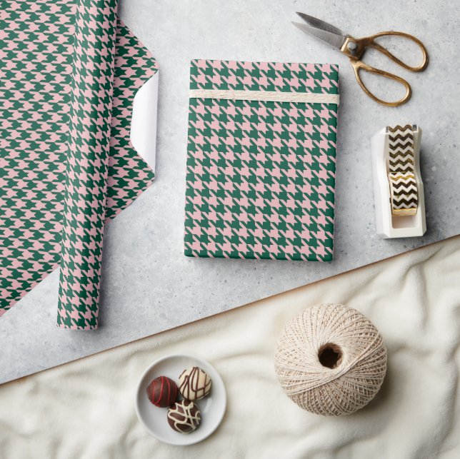 Papier Cadeau Houndstooth Moderne Noël Vacances Vert rose (Artisanat)