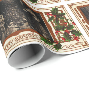 Papier Cadeau Houx vintage de famille de Noël victorien