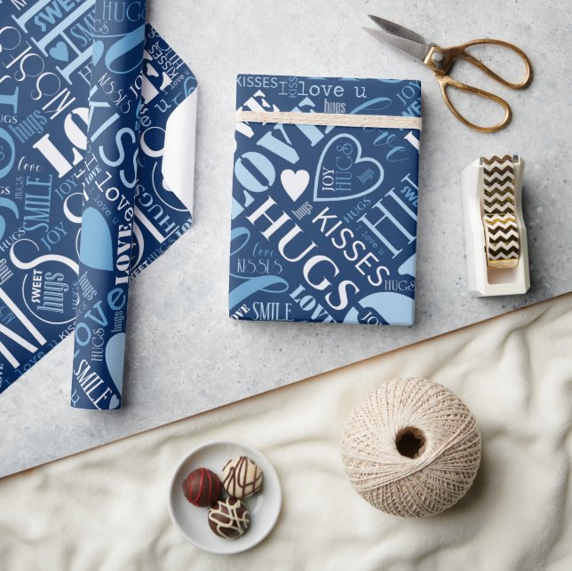 Papier Cadeau Hugs and Kisses Word Cloud Blue ID286 (Artisanat)