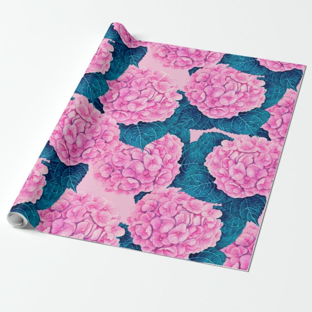 Papier Cadeau Hydrangea aquarelle motif, rose et bleu (Déroulé)