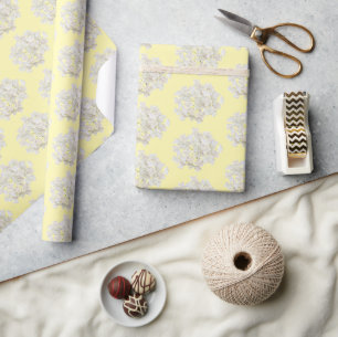 Papier Cadeau Hydrangea Blanche sur Fond Jaune Pastel