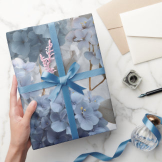 Papier Cadeau Hydrangea Bleue Douce Motif Floral Gris