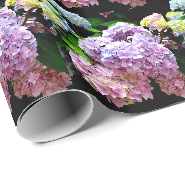 Papier Cadeau Hydrangea garden, rose, bleu, purple floral (Coin rond)