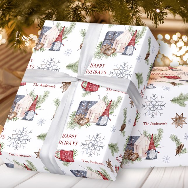 Papier Cadeau Hygge Christmas Gnome Nordic Holidays Nom (Hygge Christmas Gnome Nordic Holidays Name Wrapping Paper)