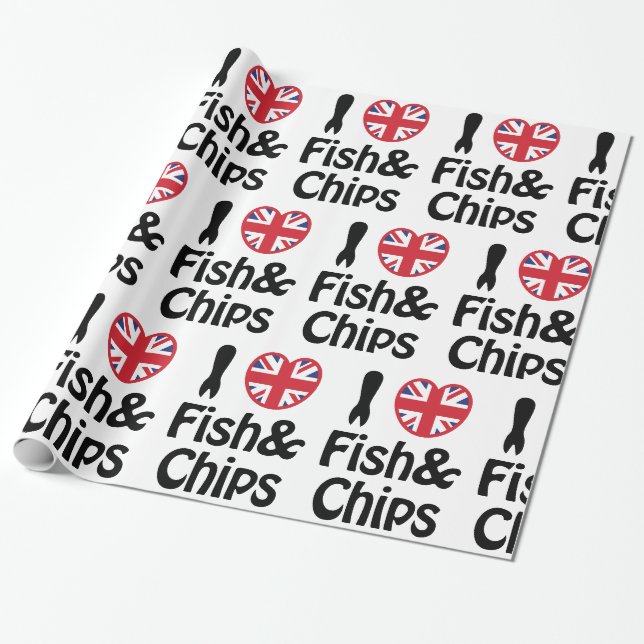 Papier Cadeau I Heart [Love] Poisson & Chips Papier à envelopper (Déroulé)
