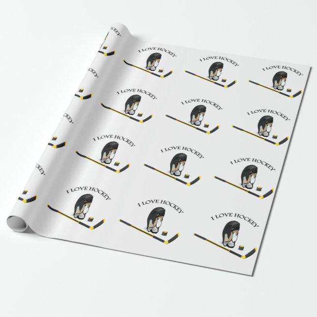 Papier Cadeau I Love hockey conception personnalisée avec bâton  (Déroulé)