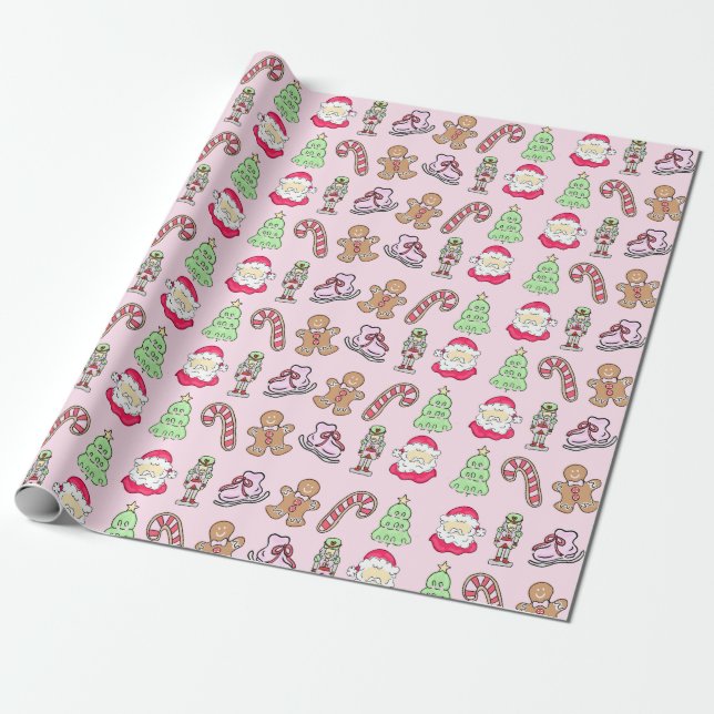 Papier Cadeau Icônes de Noël preppy rose doux (Déroulé)