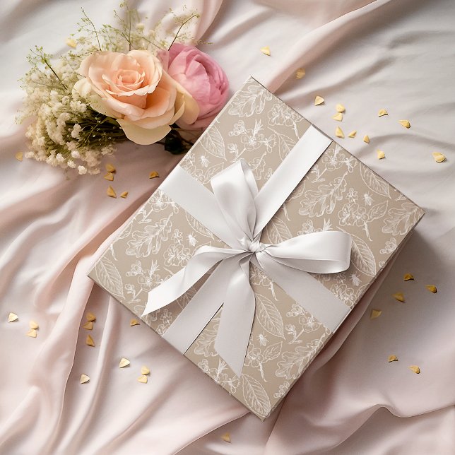 Papier Cadeau Iivoire Ecru Feuille motif floral sur Taupe Brown (Créateur téléchargé)