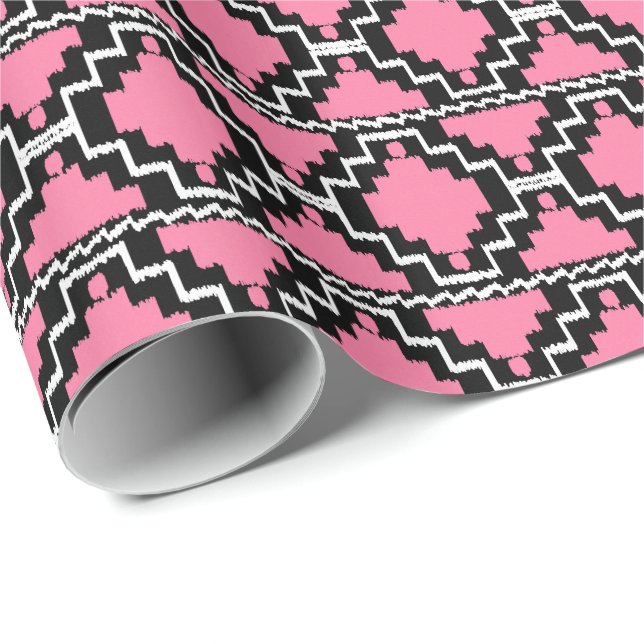 Papier Cadeau Ikat Aztec Tribal - Fuchsia rose, noir et blanc (Coin rond)