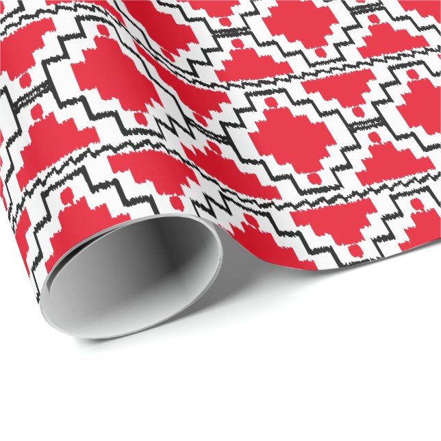 Papier Cadeau Ikat Aztec Tribal - Rouge, Noir et Blanc (Coin rond)