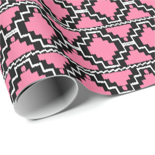 Papier Cadeau Ikat Aztèque Tribal - Fuchsia Rose, Noir et Blanc