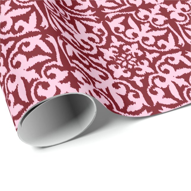 Papier Cadeau Ikat damask pattern - Bourgogne et rose (Coin rond)