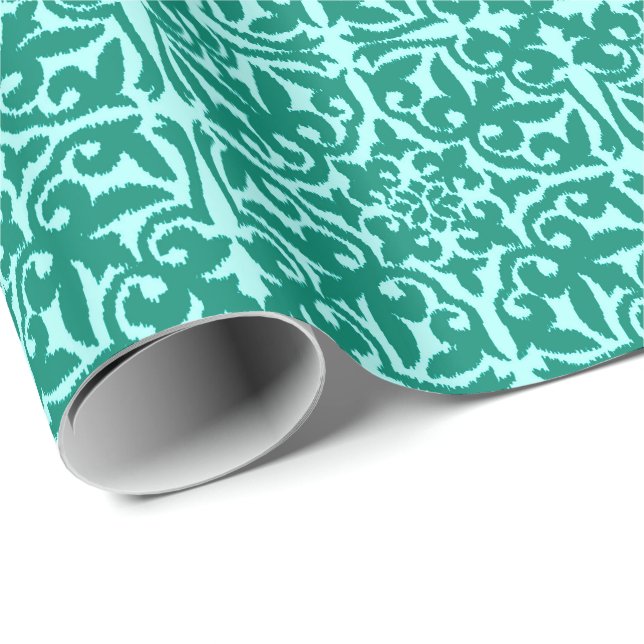Papier Cadeau Ikat damask pattern - Turquoise et Aqua (Coin rond)