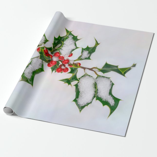 Papier Cadeau Ilex Red Christmas Holly Berries in Winter Snow — (Déroulé)