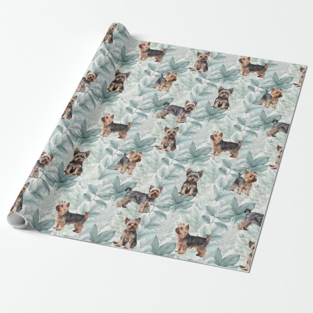 Papier Cadeau Illustration botanique adorable Yorkie terrier (Déroulé)