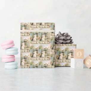 Papier Cadeau Illustration de jardin vintage aux lapins   Cottag