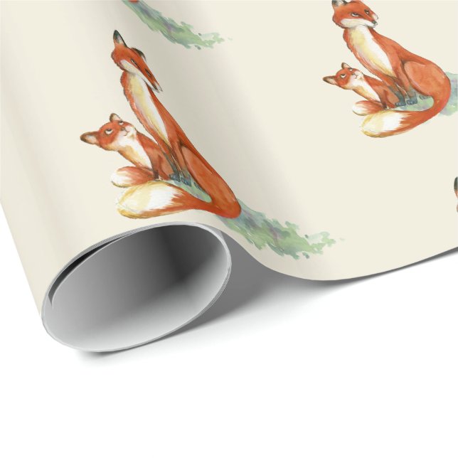 Papier Cadeau Illustration de l'aquarelle Momma Fox et Baby (Coin rond)