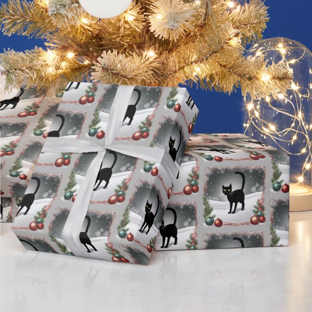 Papier Cadeau Illustration de Noël du chat noir (Vacances)