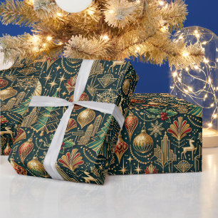 Papier Cadeau Illustration d'ornement de Noël doré et sarcelle A