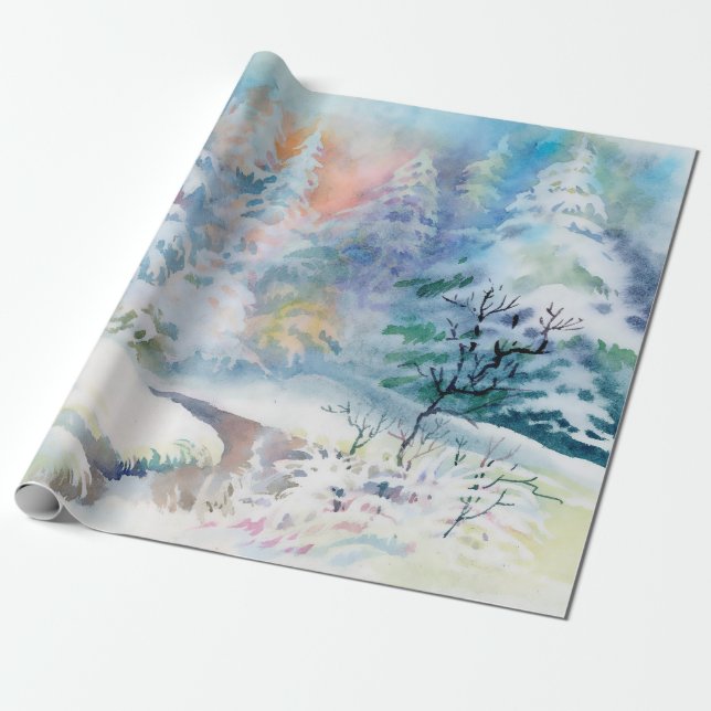 Papier Cadeau Illustration du paysage d'hiver de l'aquarelle (Déroulé)