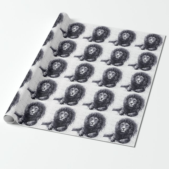 Papier Cadeau Illustration en noir et blanc de lion. (Déroulé)