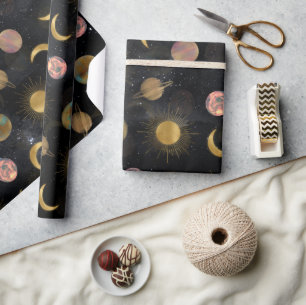 Papier Cadeau Illustration Gold Sun Moon Planètes Space