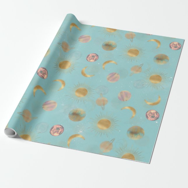 Papier Cadeau Illustration Gold Sun Moon Planètes Space Blue (Déroulé)