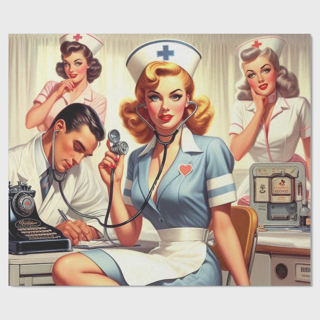 Papier Cadeau Illustration Retro Nurse (Plat)