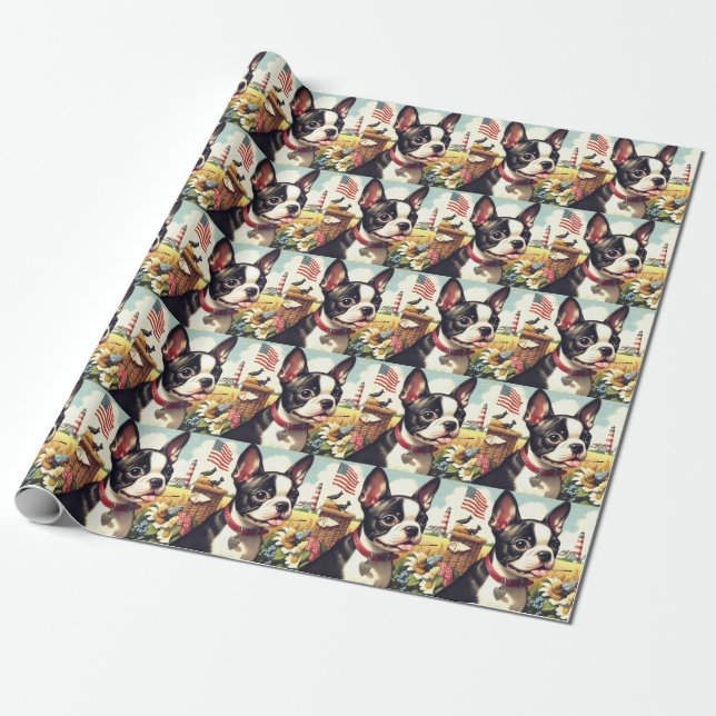 Papier Cadeau Illustration vintage Boston Terrier (Déroulé)