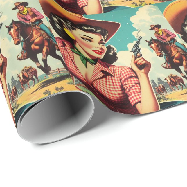 Papier Cadeau Illustration vintage Pulp Cowgirl (Coin rond)