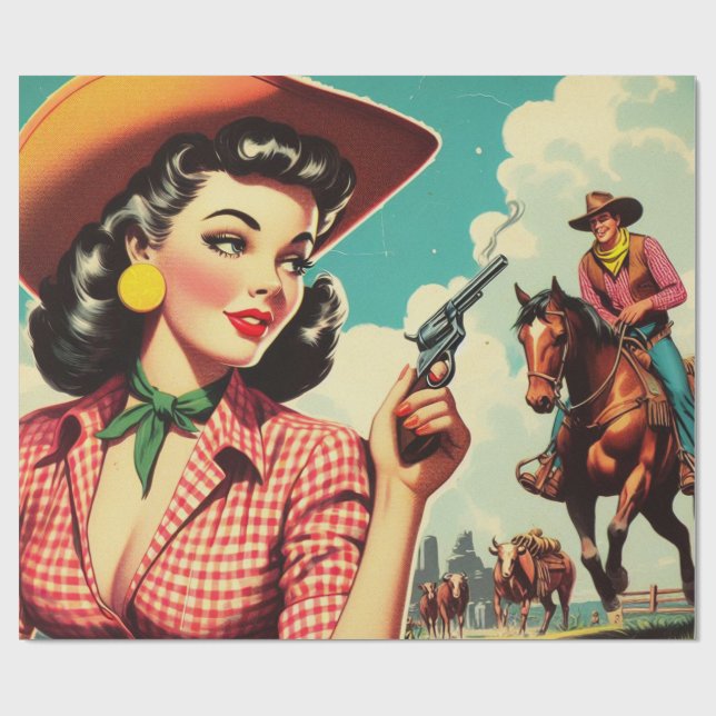 Papier Cadeau Illustration vintage Pulp Cowgirl (Plat)