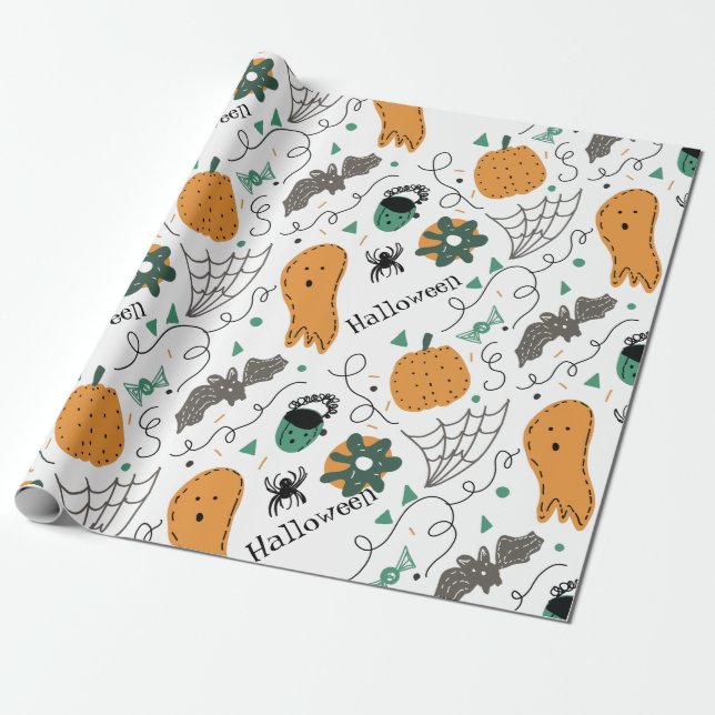 Papier Cadeau Illustrations de Doodles d'Halloween Citrouille mi (Déroulé)