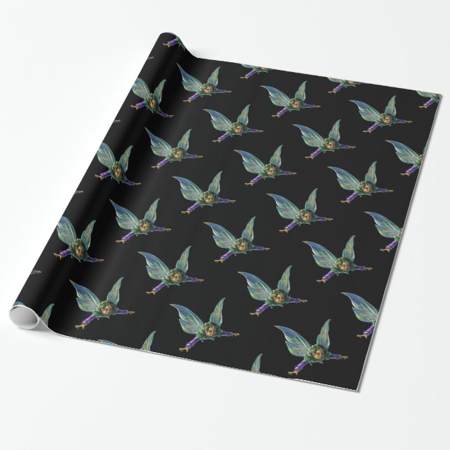 Papier Cadeau Imaginaire Fairy Motif sur Noir (Déroulé)