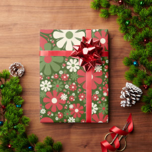 Papier Cadeau Imaginaire Floral de Noël rétro Motif Rouge Vert